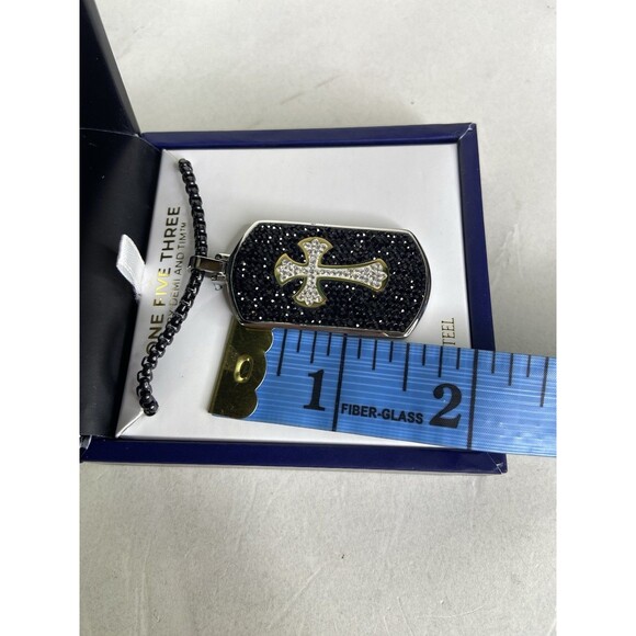 Faith Jewelry Mens Stainless Steel Two Tone Crystal Cross Tag Pendant Necklace - Picture 6 of 10